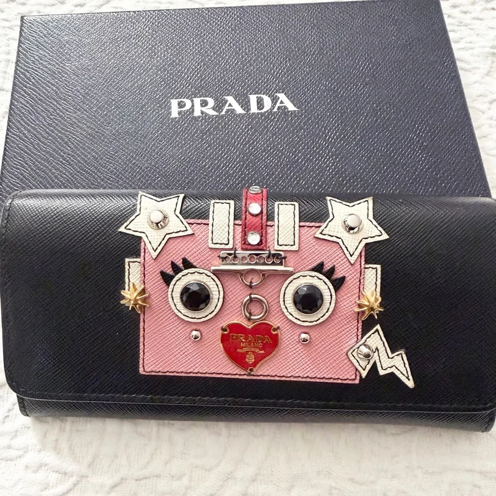 Prada Robot Black and Pink Embellished Saffiano Leather Wallet AUTHENTIC (Rare) - Picture 2 of 11